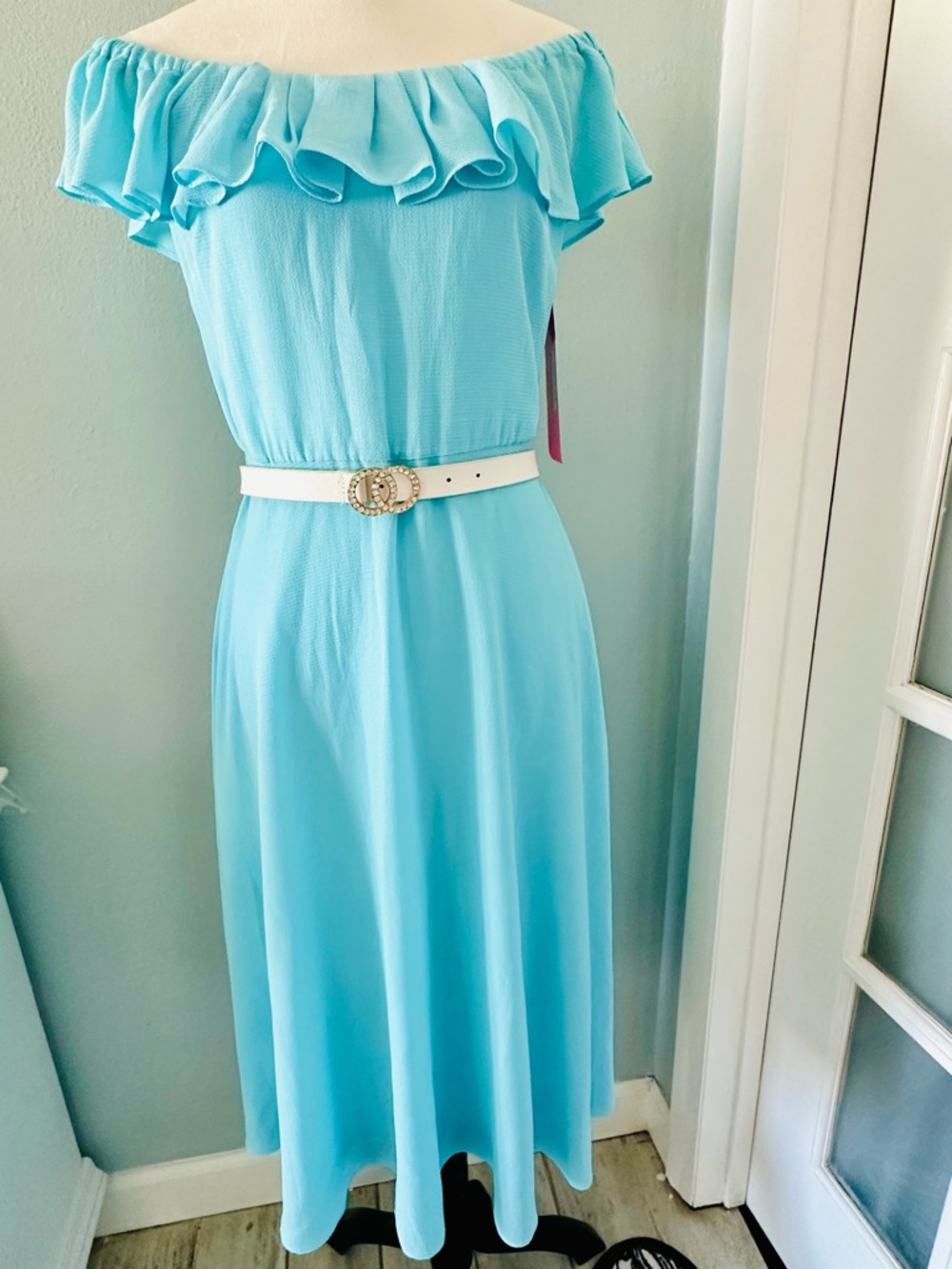 Betsey Johnson Off-Shoulder Ruffle Midi Dress in Light Blue